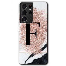 Samsung Galaxy S21 Ultra Pembe Mermer Desenli F Harfi Baskılı Uyumlu Silikon Kılıf