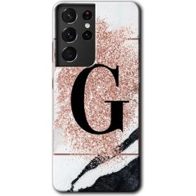 Samsung Galaxy S21 Ultra Pembe Mermer Desenli G Harfi Baskılı Uyumlu Silikon Kılıf