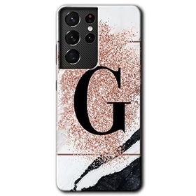 Samsung Galaxy S21 Ultra Pembe Mermer Desenli G Harfi Baskılı Uyumlu Silikon Kılıf