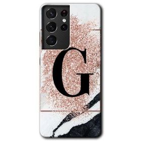 Samsung Galaxy S21 Ultra Pembe Mermer Desenli G Harfi Baskılı Uyumlu Silikon Kılıf