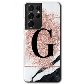 Samsung Galaxy S21 Ultra Pembe Mermer Desenli G Harfi Baskılı Uyumlu Silikon Kılıf