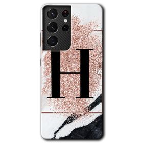 Samsung Galaxy S21 Ultra Pembe Mermer Desenli H Harfi Baskılı Uyumlu Silikon Kılıf