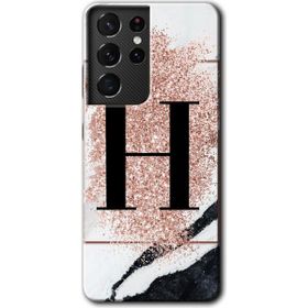 Samsung Galaxy S21 Ultra Pembe Mermer Desenli H Harfi Baskılı Uyumlu Silikon Kılıf