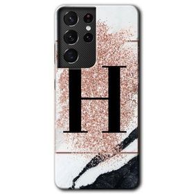 Samsung Galaxy S21 Ultra Pembe Mermer Desenli H Harfi Baskılı Uyumlu Silikon Kılıf