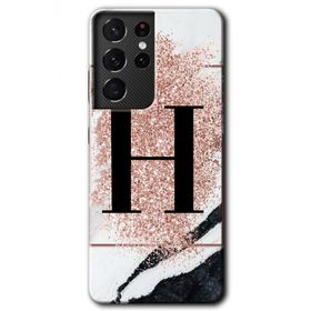 Samsung Galaxy S21 Ultra Pembe Mermer Desenli H Harfi Baskılı Uyumlu Silikon Kılıf