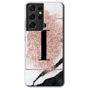 Samsung Galaxy S21 Ultra Pembe Mermer Desenli I Harfi Baskılı Uyumlu Silikon Kılıf