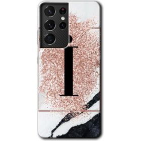 Samsung Galaxy S21 Ultra Pembe Mermer Desenli I Harfi Baskılı Uyumlu Silikon Kılıf