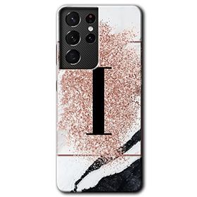 Samsung Galaxy S21 Ultra Pembe Mermer Desenli I Harfi Baskılı Uyumlu Silikon Kılıf