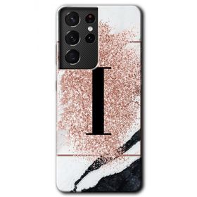 Samsung Galaxy S21 Ultra Pembe Mermer Desenli I Harfi Baskılı Uyumlu Silikon Kılıf