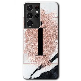 Samsung Galaxy S21 Ultra Pembe Mermer Desenli I Harfi Baskılı Uyumlu Silikon Kılıf