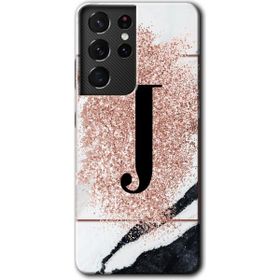 Samsung Galaxy S21 Ultra Pembe Mermer Desenli J Harfi Baskılı Uyumlu Silikon Kılıf