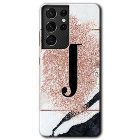 Samsung Galaxy S21 Ultra Pembe Mermer Desenli J Harfi Baskılı Uyumlu Silikon Kılıf