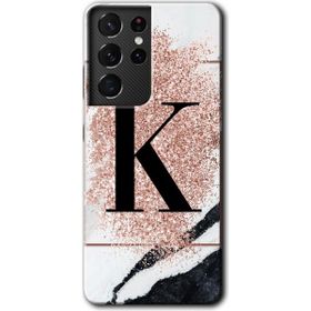 Samsung Galaxy S21 Ultra Pembe Mermer Desenli K Harfi Baskılı Uyumlu Silikon Kılıf