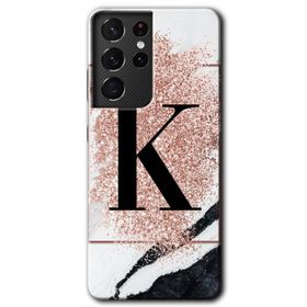 Samsung Galaxy S21 Ultra Pembe Mermer Desenli K Harfi Baskılı Uyumlu Silikon Kılıf