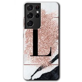 Samsung Galaxy S21 Ultra Pembe Mermer Desenli L Harfi Baskılı Uyumlu Silikon Kılıf