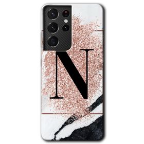 Samsung Galaxy S21 Ultra Pembe Mermer Desenli N Harfi Baskılı Uyumlu Silikon Kılıf