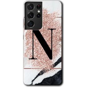 Samsung Galaxy S21 Ultra Pembe Mermer Desenli N Harfi Baskılı Uyumlu Silikon Kılıf