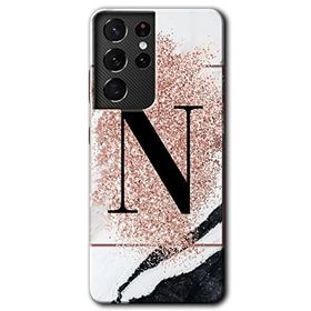 Samsung Galaxy S21 Ultra Pembe Mermer Desenli N Harfi Baskılı Uyumlu Silikon Kılıf