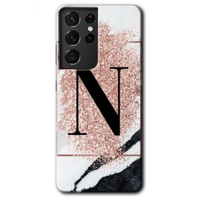 Samsung Galaxy S21 Ultra Pembe Mermer Desenli N Harfi Baskılı Uyumlu Silikon Kılıf