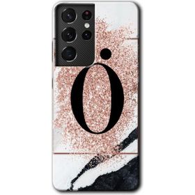 Samsung Galaxy S21 Ultra Pembe Mermer Desenli Ö Harfi Baskılı Uyumlu Silikon Kılıf