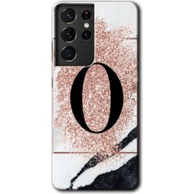 Samsung Galaxy S21 Ultra Pembe Mermer Desenli Ö Harfi Baskılı Uyumlu Silikon Kılıf