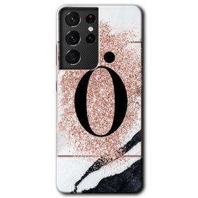 Samsung Galaxy S21 Ultra Pembe Mermer Desenli Ö Harfi Baskılı Uyumlu Silikon Kılıf