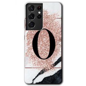 Samsung Galaxy S21 Ultra Pembe Mermer Desenli Ö Harfi Baskılı Uyumlu Silikon Kılıf