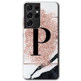 Samsung Galaxy S21 Ultra Pembe Mermer Desenli P Harfi Baskılı Uyumlu Silikon Kılıf