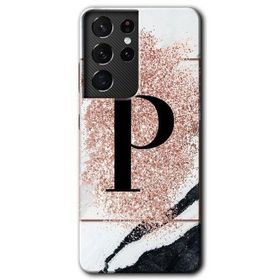 Samsung Galaxy S21 Ultra Pembe Mermer Desenli P Harfi Baskılı Uyumlu Silikon Kılıf
