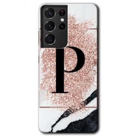 Samsung Galaxy S21 Ultra Pembe Mermer Desenli P Harfi Baskılı Uyumlu Silikon Kılıf
