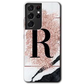 Samsung Galaxy S21 Ultra Pembe Mermer Desenli R Harfi Baskılı Uyumlu Silikon Kılıf