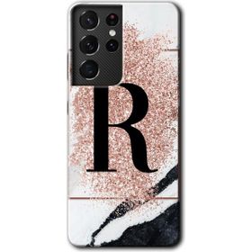Samsung Galaxy S21 Ultra Pembe Mermer Desenli R Harfi Baskılı Uyumlu Silikon Kılıf