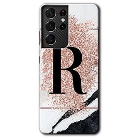 Samsung Galaxy S21 Ultra Pembe Mermer Desenli R Harfi Baskılı Uyumlu Silikon Kılıf
