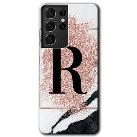 Samsung Galaxy S21 Ultra Pembe Mermer Desenli R Harfi Baskılı Uyumlu Silikon Kılıf