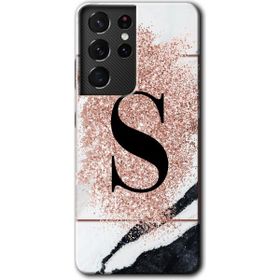 Samsung Galaxy S21 Ultra Pembe Mermer Desenli S Harfi Baskılı Uyumlu Silikon Kılıf