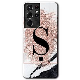 Samsung Galaxy S21 Ultra Pembe Mermer Desenli S Harfi Baskılı Uyumlu Silikon Kılıf