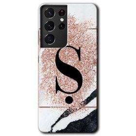 Samsung Galaxy S21 Ultra Pembe Mermer Desenli S Harfi Baskılı Uyumlu Silikon Kılıf