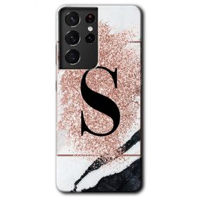 Samsung Galaxy S21 Ultra Pembe Mermer Desenli S Harfi Baskılı Uyumlu Silikon Kılıf