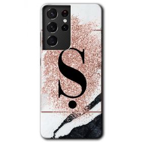 Samsung Galaxy S21 Ultra Pembe Mermer Desenli S Harfi Baskılı Uyumlu Silikon Kılıf