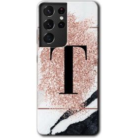 Samsung Galaxy S21 Ultra Pembe Mermer Desenli T Harfi Baskılı Uyumlu Silikon Kılıf