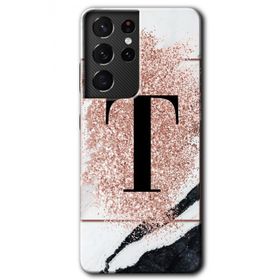 Samsung Galaxy S21 Ultra Pembe Mermer Desenli T Harfi Baskılı Uyumlu Silikon Kılıf