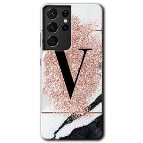 Samsung Galaxy S21 Ultra Pembe Mermer Desenli V Harfi Baskılı Uyumlu Silikon Kılıf