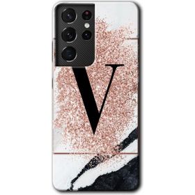Samsung Galaxy S21 Ultra Pembe Mermer Desenli V Harfi Baskılı Uyumlu Silikon Kılıf