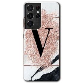 Samsung Galaxy S21 Ultra Pembe Mermer Desenli V Harfi Baskılı Uyumlu Silikon Kılıf