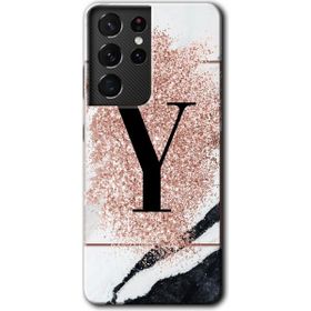 Samsung Galaxy S21 Ultra Pembe Mermer Desenli Y Harfi Baskılı Uyumlu Silikon Kılıf