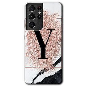 Samsung Galaxy S21 Ultra Pembe Mermer Desenli Y Harfi Baskılı Uyumlu Silikon Kılıf