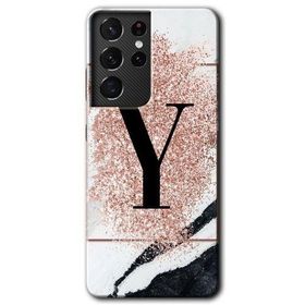 Samsung Galaxy S21 Ultra Pembe Mermer Desenli Y Harfi Baskılı Uyumlu Silikon Kılıf