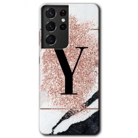 Samsung Galaxy S21 Ultra Pembe Mermer Desenli Y Harfi Baskılı Uyumlu Silikon Kılıf
