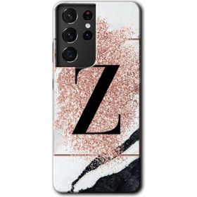 Samsung Galaxy S21 Ultra Pembe Mermer Desenli Z Harfi Baskılı Uyumlu Silikon Kılıf