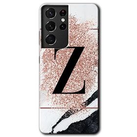Samsung Galaxy S21 Ultra Pembe Mermer Desenli Z Harfi Baskılı Uyumlu Silikon Kılıf